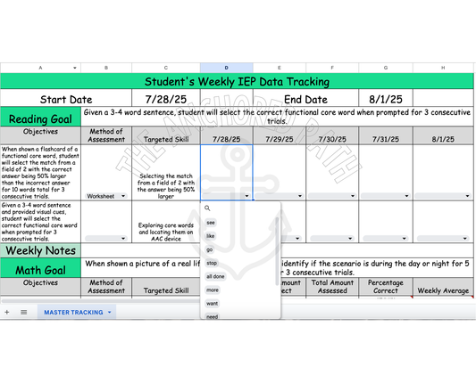 Editable Google Sheets Weekly IEP Data Collection Tool (Trial + Frequency Data) & IEP at a Glance