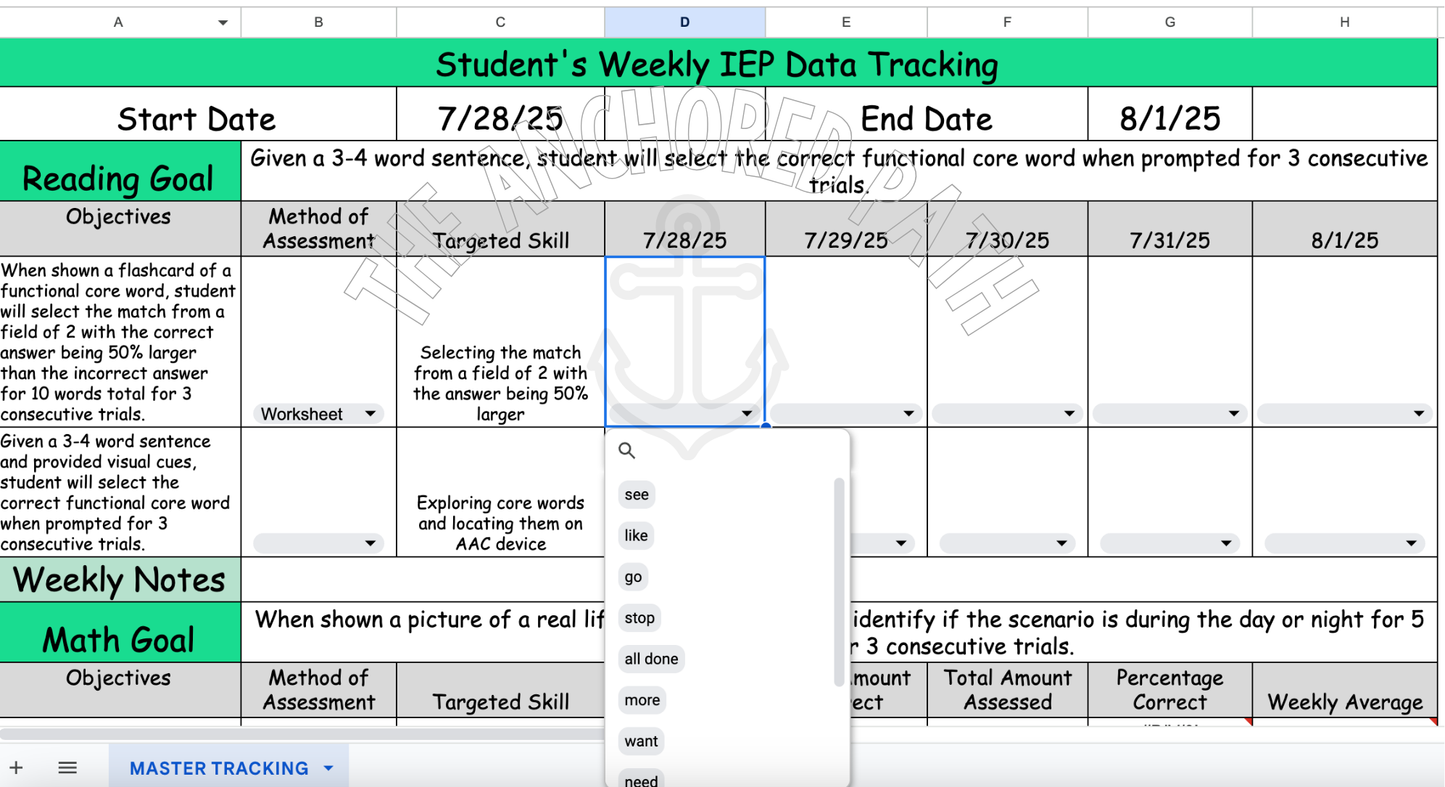 Editable Google Sheets Weekly IEP Data Collection Tool (Trial + Frequency Data)